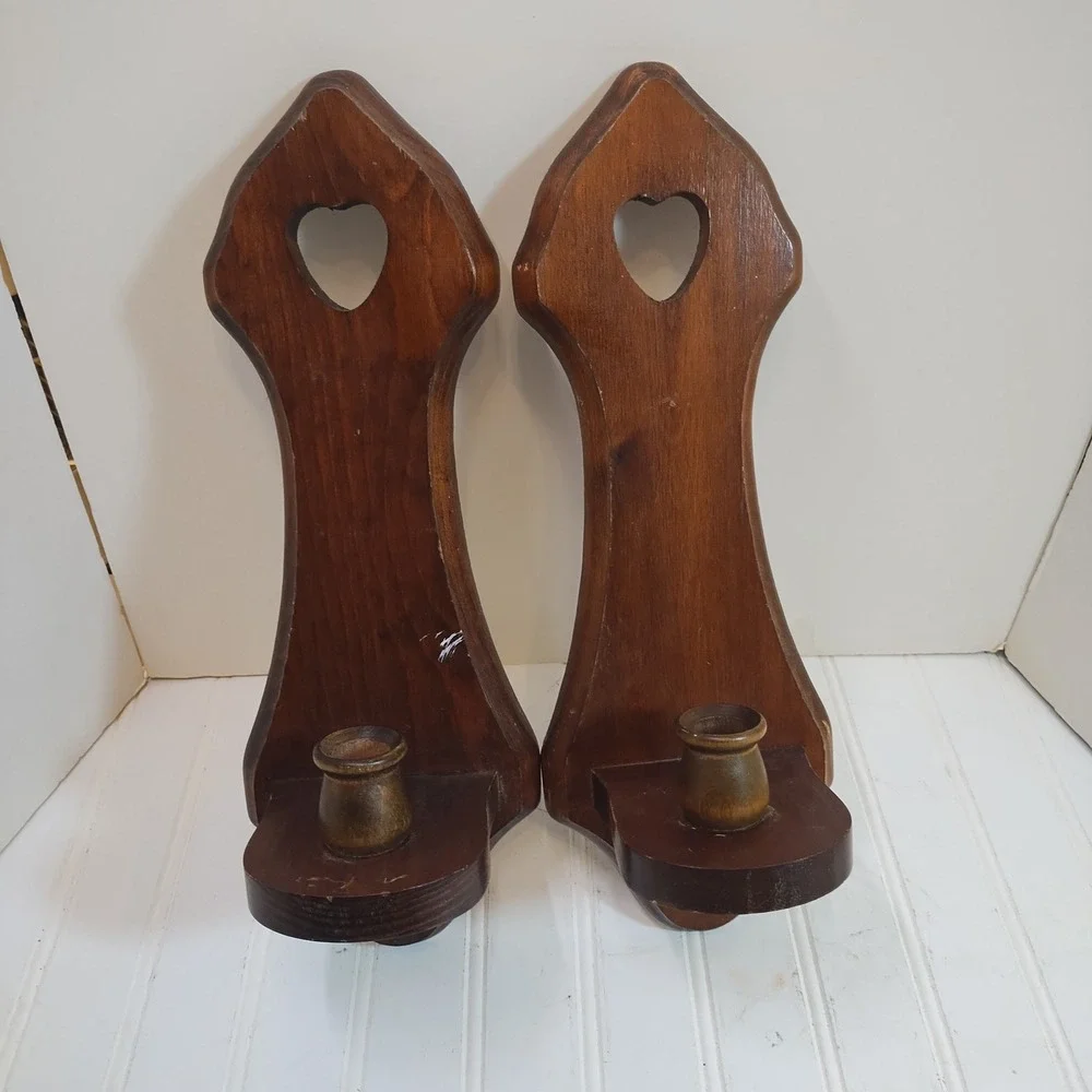 Pair Vintage Wood Heart Cutout Wall Sconces Candle Holders Farmhouse Cottage 15